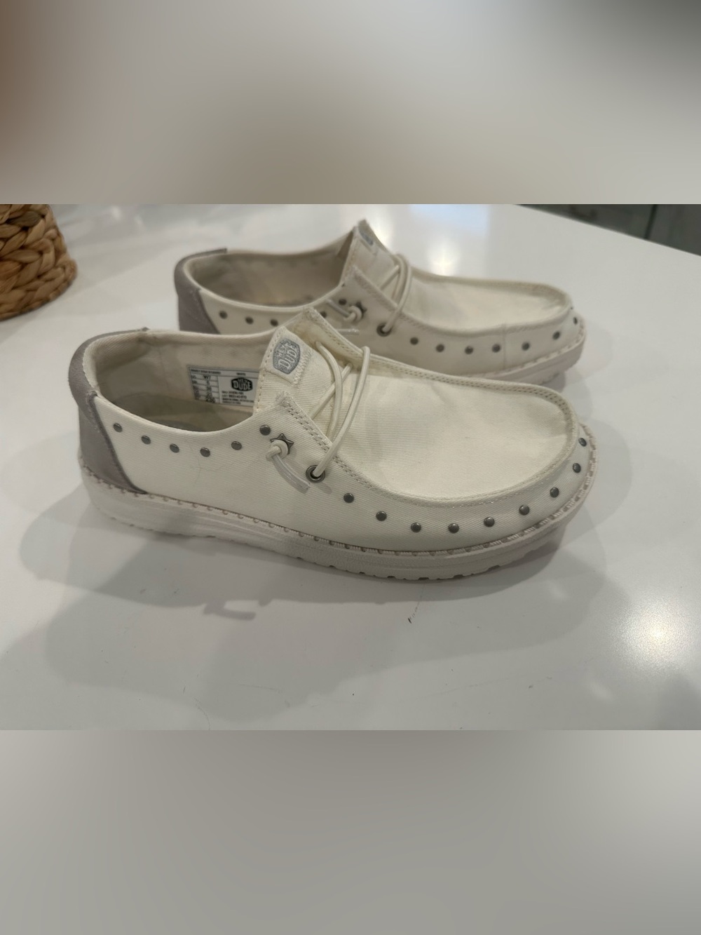 Hey Dude Women's Cream Canvas Studded Slip-On Loafers